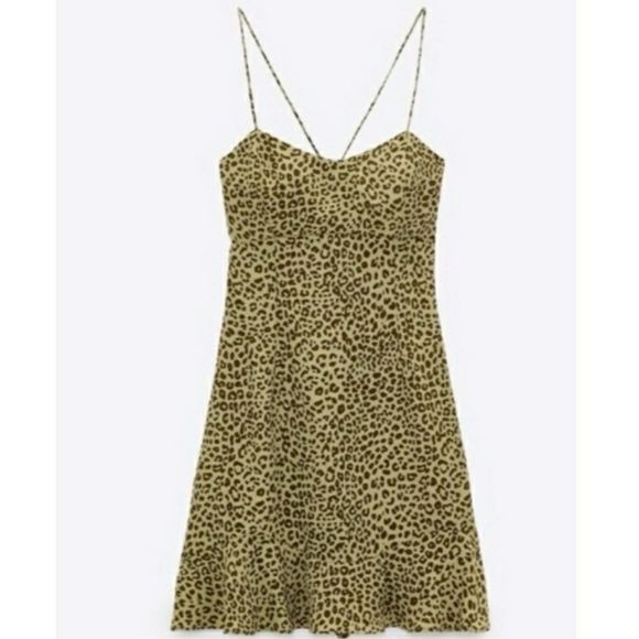 Zara Olive Green Leopard Print Satin Mini Dress Size Small - Picture 1 of 9